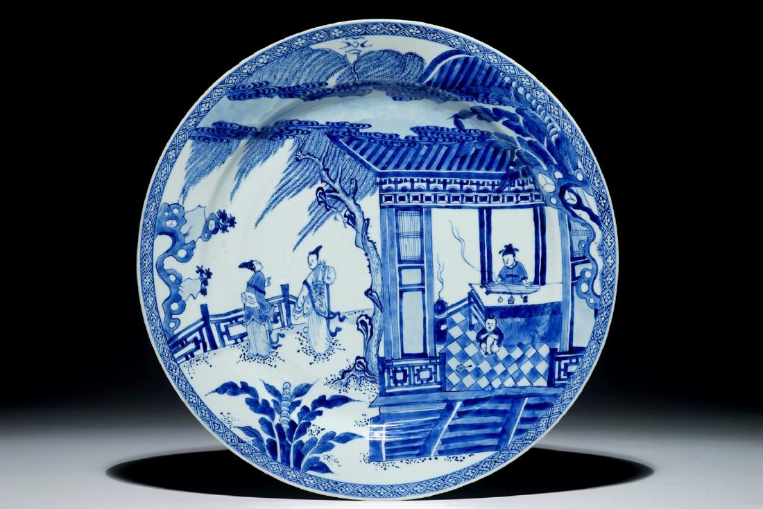 A Chinese blue and white charger with a scene from "The: A Chinese blue and white charger with a scene from "The Romance of the Western Chamber", Yongzheng Dia.: 39 cm