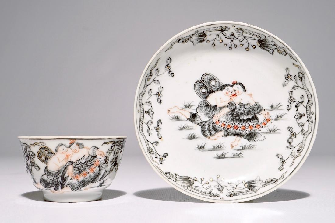 A romantic Chinese grisaille, gilt and iron red cup and: A romantic Chinese grisaille, gilt and iron red cup and saucer, Qianlong Dia.: 7 cm - H.: 4 cm (cup)Dia.: 12 cm (saucer)