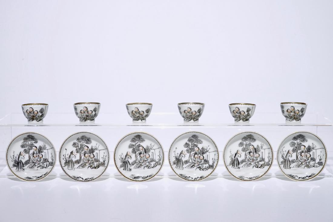 Six Chinese miniature grisaille cups and saucers with (1 of 8)