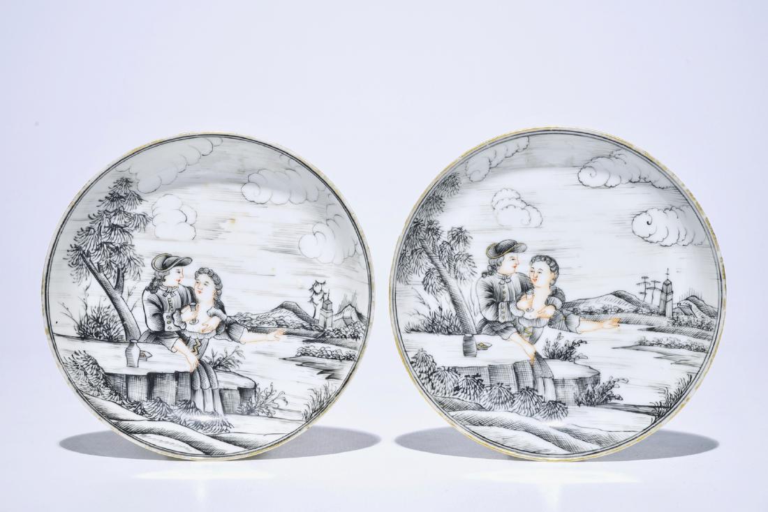 A pair of Chinese grisaille and gilt saucers with: A pair of Chinese grisaille and gilt saucers with erotic scenes, Qianlong Dia.: 12 cm