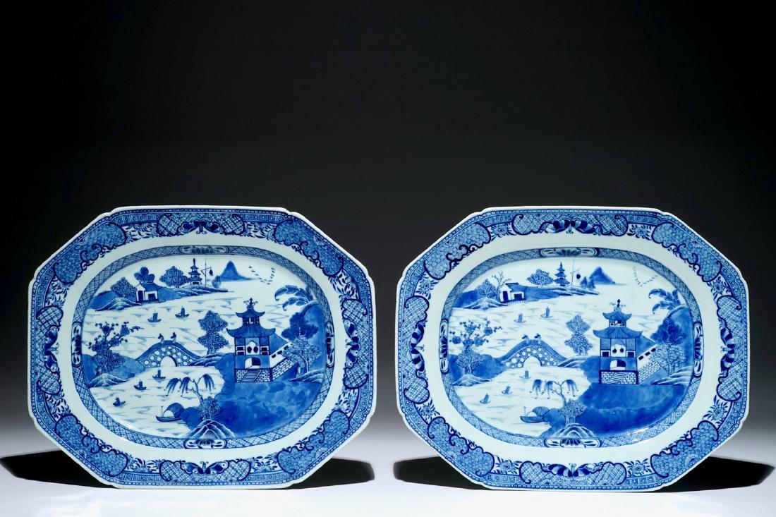 A pair of octagonal Chinese blue and white platters,: A pair of octagonal Chinese blue and white platters, Qianlong Dim.: 40 x 32 cm