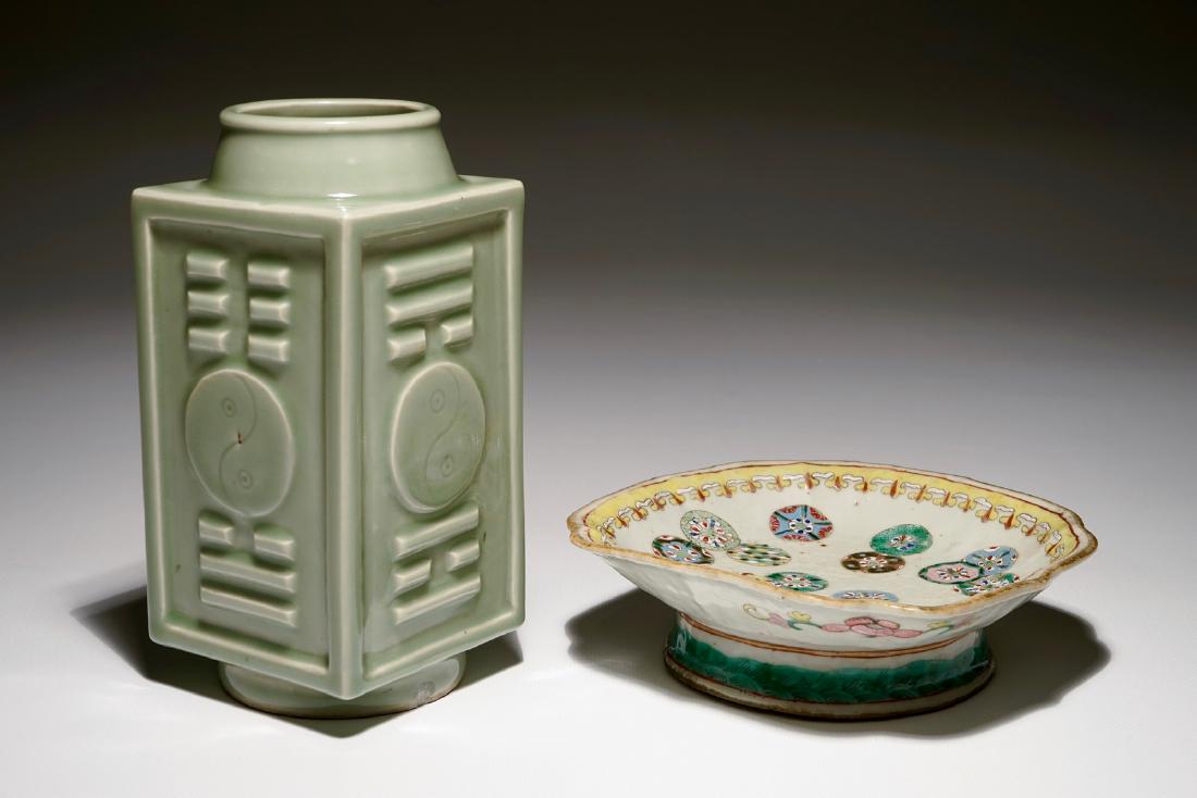 A Chinese celadon cong trigrams vase and a famille rose (1 of 9)