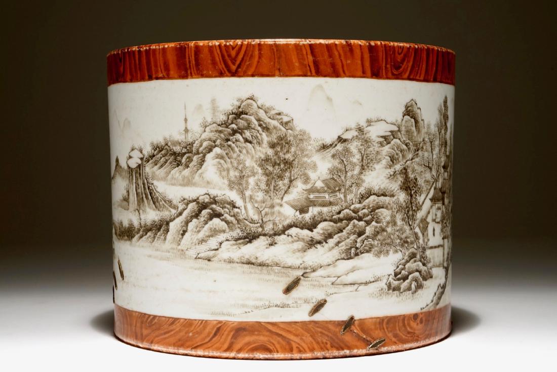 A Chinese grisaille and faux bois brush pot, Qianlong (1 of 6)
