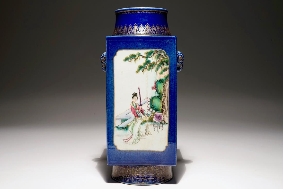 A Chinese famille rose on powder blue ground cong vase,: A Chinese famille rose on powder blue ground cong vase, 19th C. H.: 34 cm