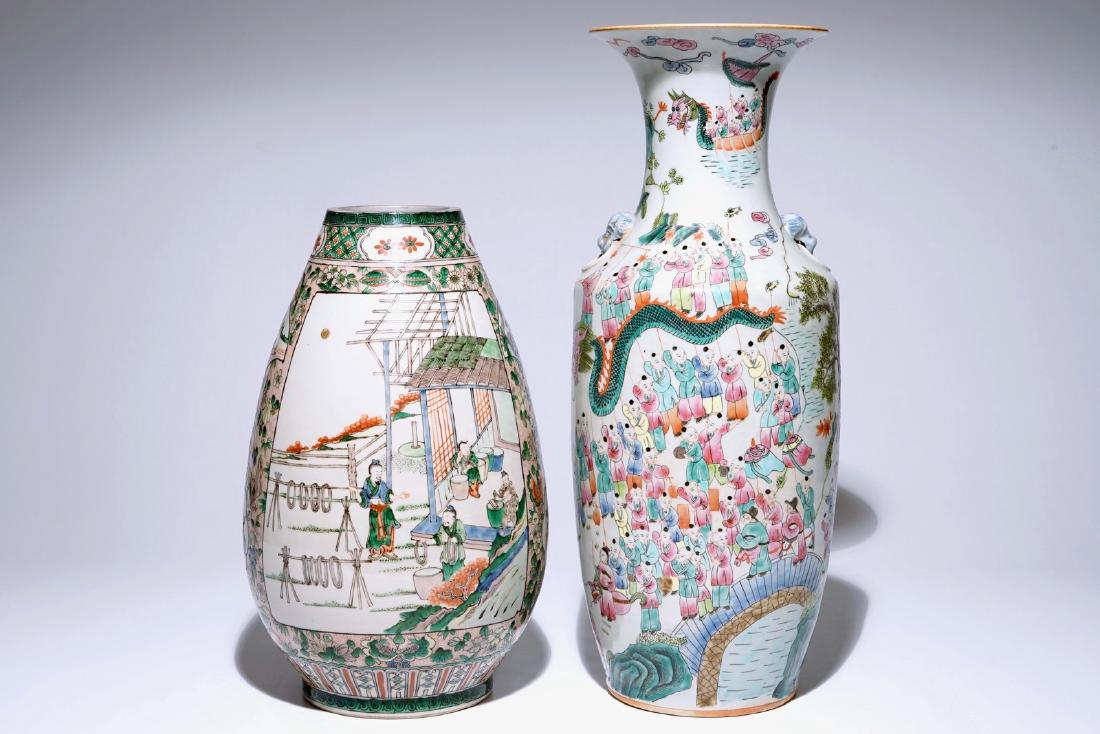 A Chinese famille verte silk production vase and a: A Chinese famille verte silk production vase and a famille rose "Hundred boys" vase, 19/20th C. H.: 57,5 cm - H.: 43 cm