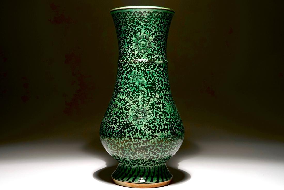 A rare Chinese verte-noire biscuit lotus scroll vase, (1 of 6)