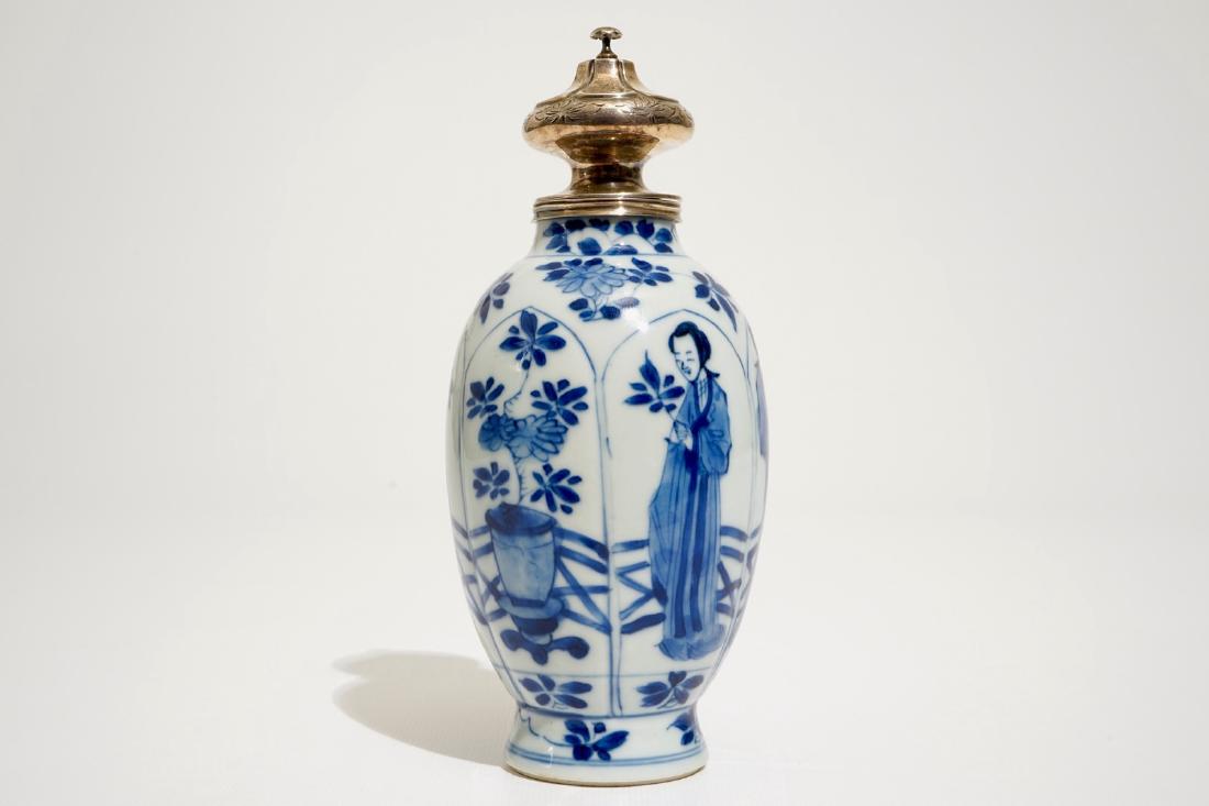 A Chinese blue and white silver mounted teacaddy, (1 of 7)