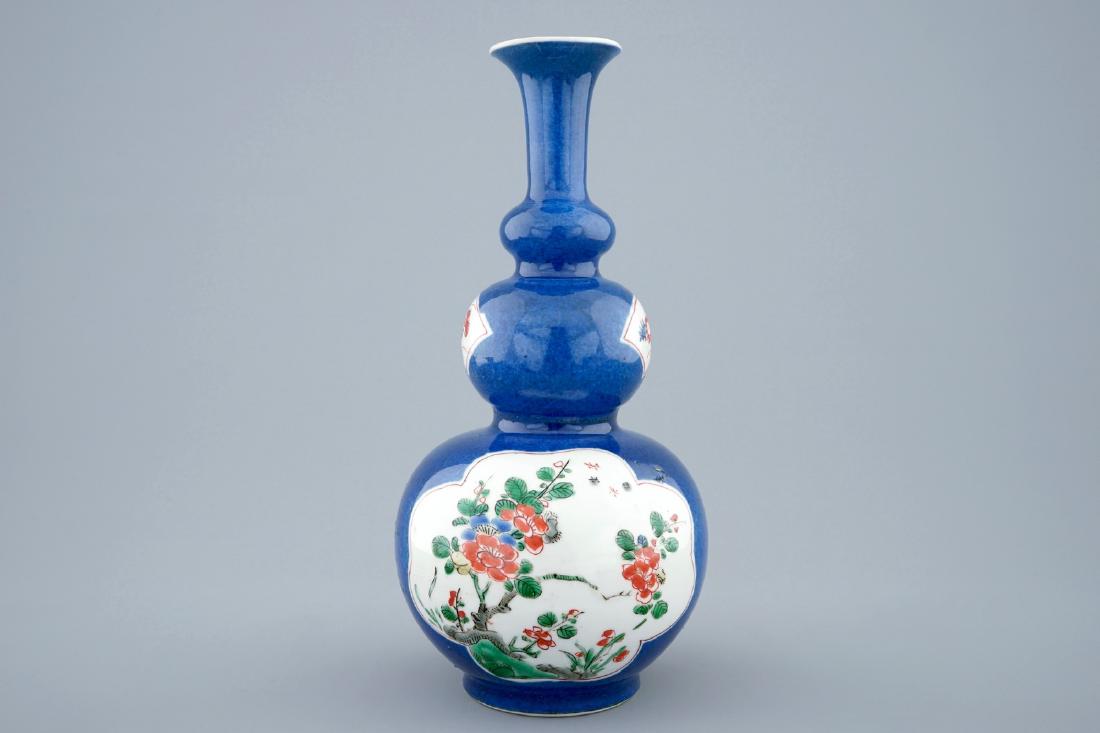 A Chinese famille verte powder blue triple gourd vase, (1 of 2)