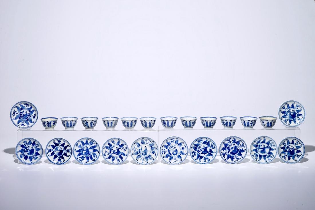 Twelve Chinese blue and white cups and saucers with: Twelve Chinese blue and white cups and saucers with long Eliza, Kangxi Dia.: 10 cm (the saucers)Dia.: 6,5 cm - H.: 3,5 cm (the cups)