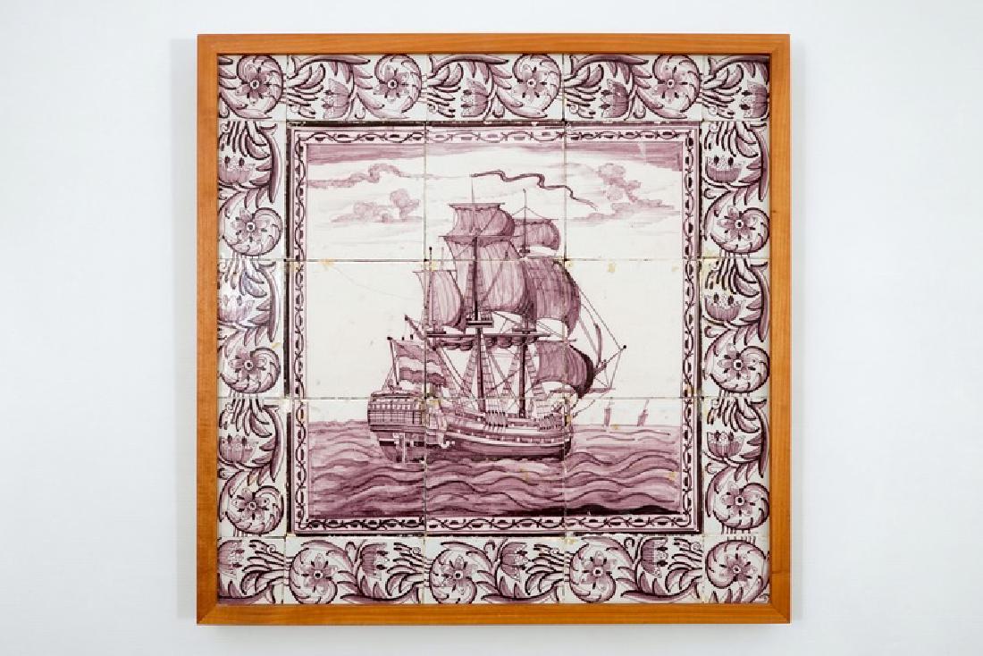A manganese Dutch Delft tile panel with a ship, 18th C. (1 of 1)