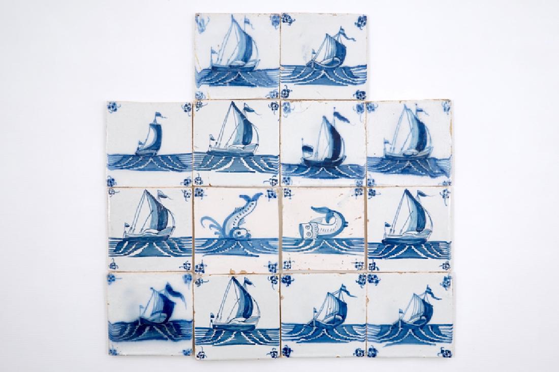 14 blue and white Delft tiles with boats and sea (1 of 1)