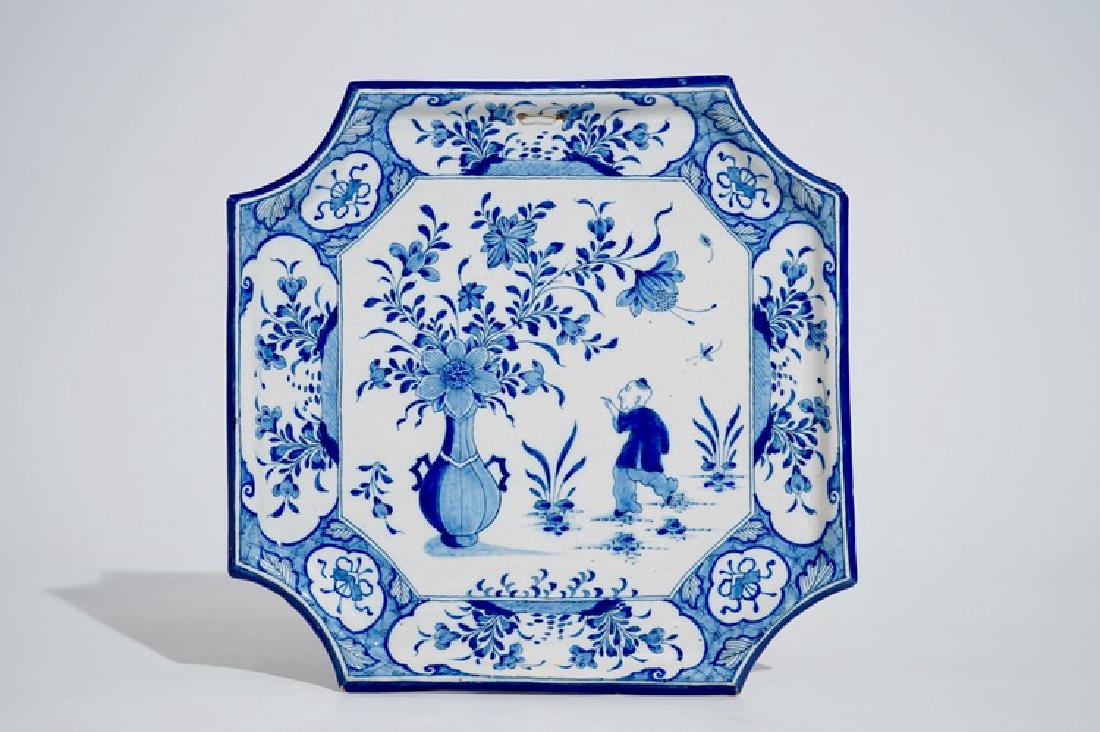 A square Dutch Delft blue and white chinoiserie plaque, (1 of 2)