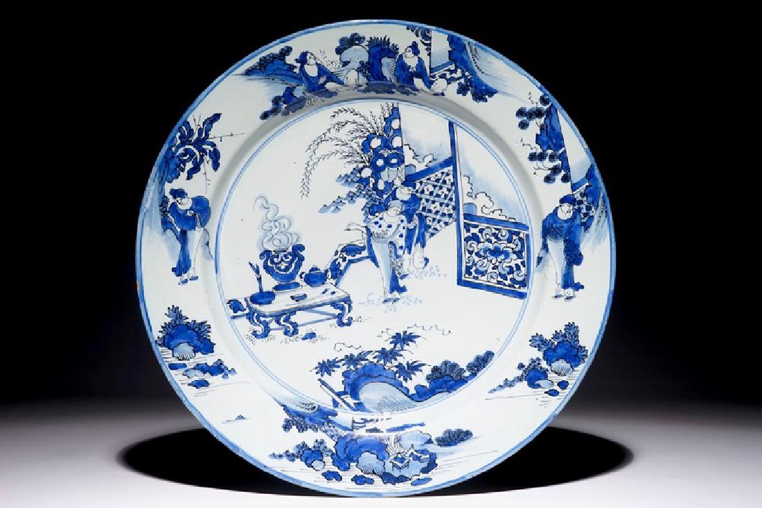 A large Dutch Delft blue and white chinoiserie dish, (1 of 2)