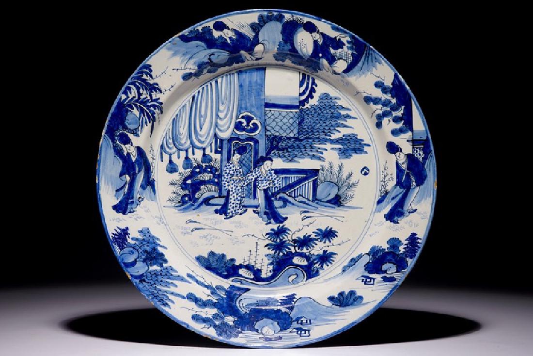 A large Dutch Delft blue and white chinoiserie dish, (1 of 2)