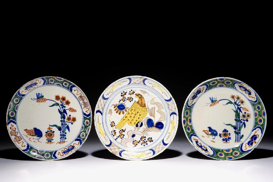 Three polychrome Dutch Delft plates with quails and a (1 of 2)