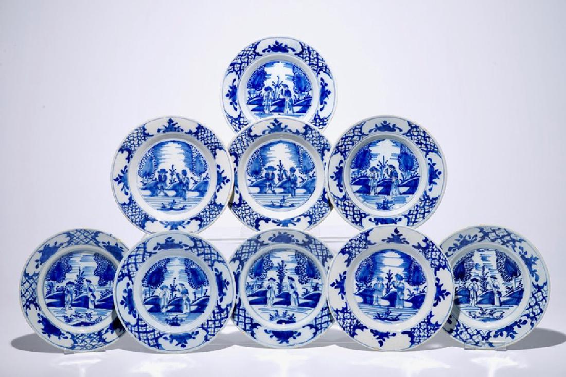 A set of nine Dutch Delft blue and white plates with a (1 of 5)