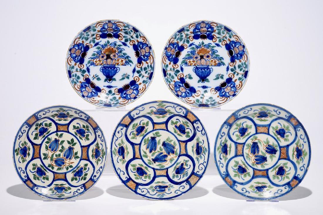A pair and a set of three Dutch Delft polychrome (1 of 2)