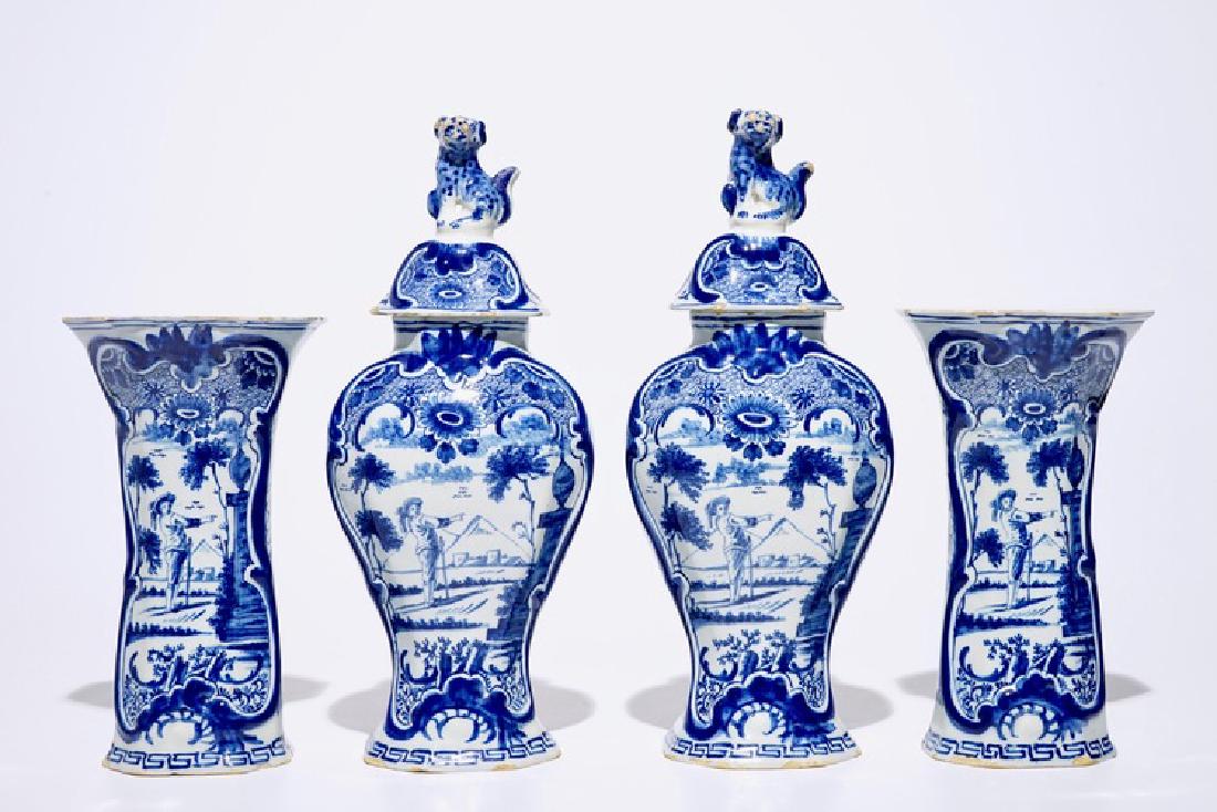 A fine Dutch Delft blue and white four-piece garniture: A fine Dutch Delft blue and white four-piece garniture with a farmer, 2nd half 18th C. H.: 34 cm (incl. cover) - H.: 23,5 cm Each vase marked LPK on the base for the "De Lampetkan" workshop, Delft, ac