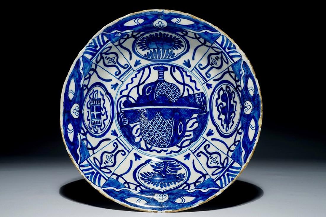 A large Dutch Delft blue and white Ming-style bowl, (1 of 2)