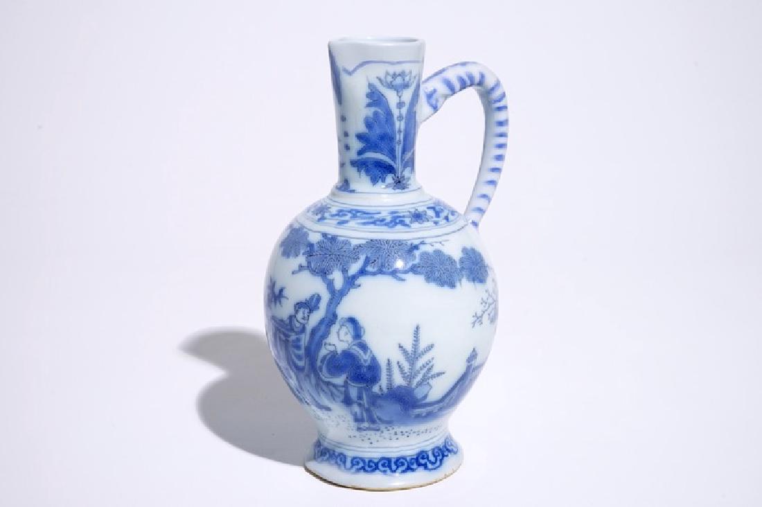 A Dutch Delft blue and white chinoiserie jug, 17th C.: A Dutch Delft blue and white chinoiserie jug, 17th C. H.: 24 cm Marked SVE above a numeral 40 for Samuel van Eenhoorn, the "De Grieksche A" workshop, Delft, 1678 - 1686.