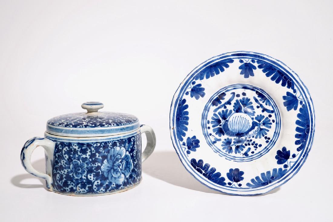A Dutch Delft blue and white butter tub and cover and a (1 of 9)