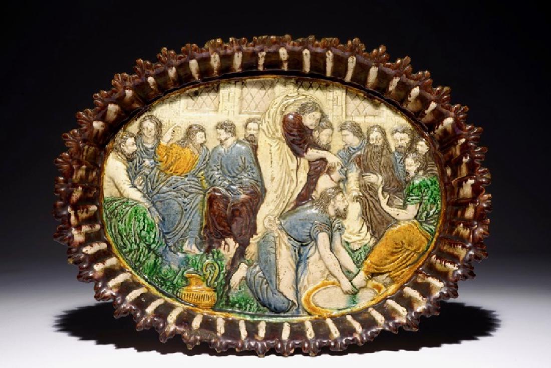 A French Palissy style footed oval dish depicting the (1 of 2)