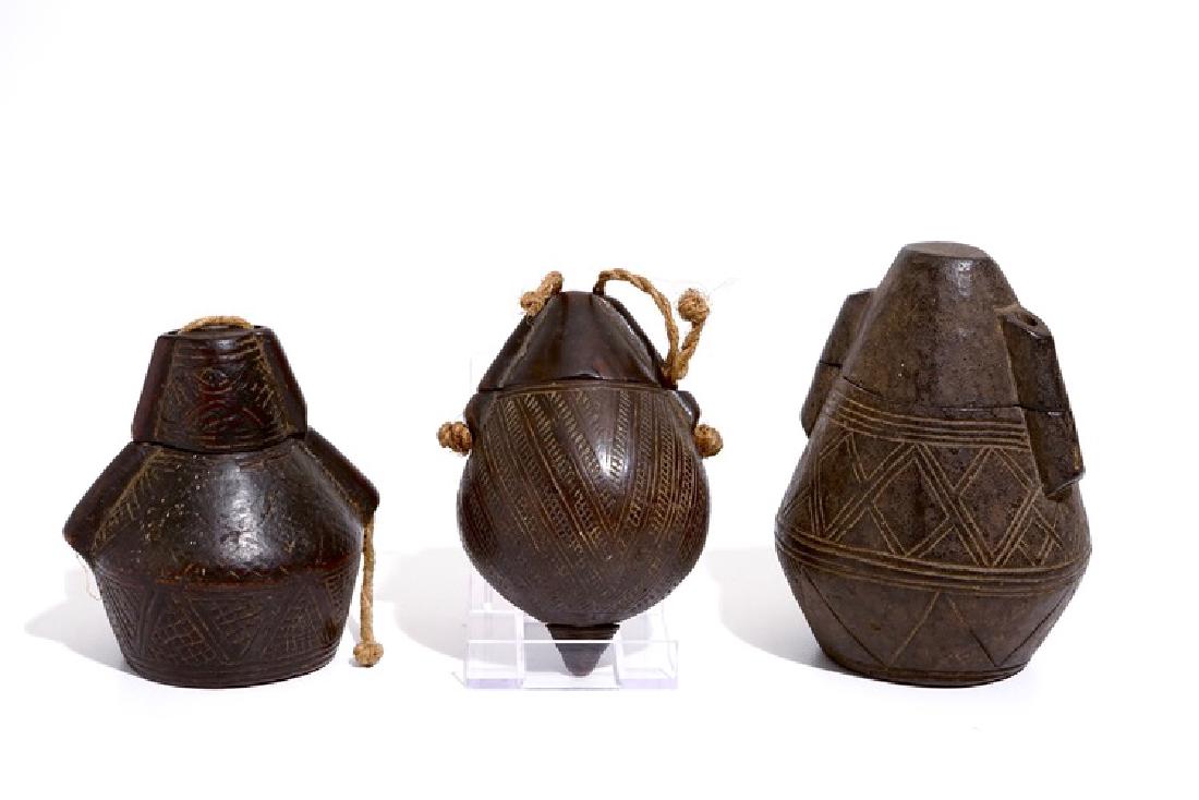 Three engraved wooden powder flasks, Bakongo, D.R. (1 of 7)