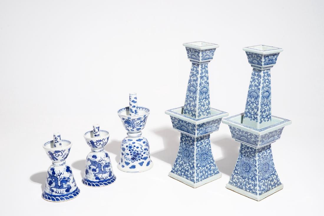 Five Chinese blue and white candlesticks, 19/20th C. (1 of 14)