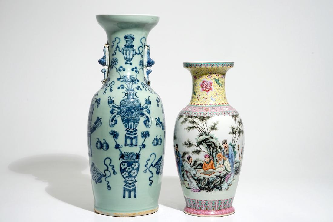 A fine Chinese famille rose vase with figures and a: A fine Chinese famille rose vase with figures and a celadon-ground vase, 19/20th C. H.: 57 cm (the tallest)