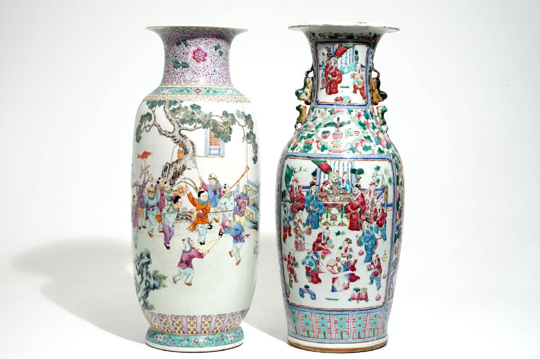 Two tall Chinese famille rose vases with playing boys (1 of 6)