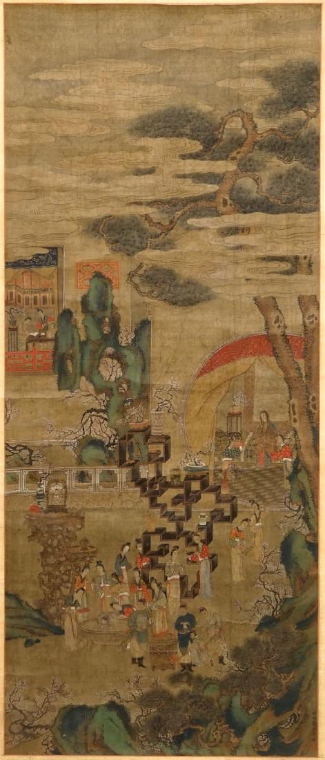 A Chinese silk scroll painting of a garden scene, (1 of 6)