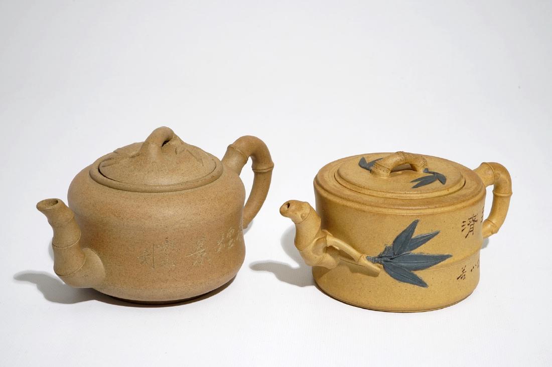 Two Chinese sand-coloured Yixing stoneware teapots, (1 of 7)