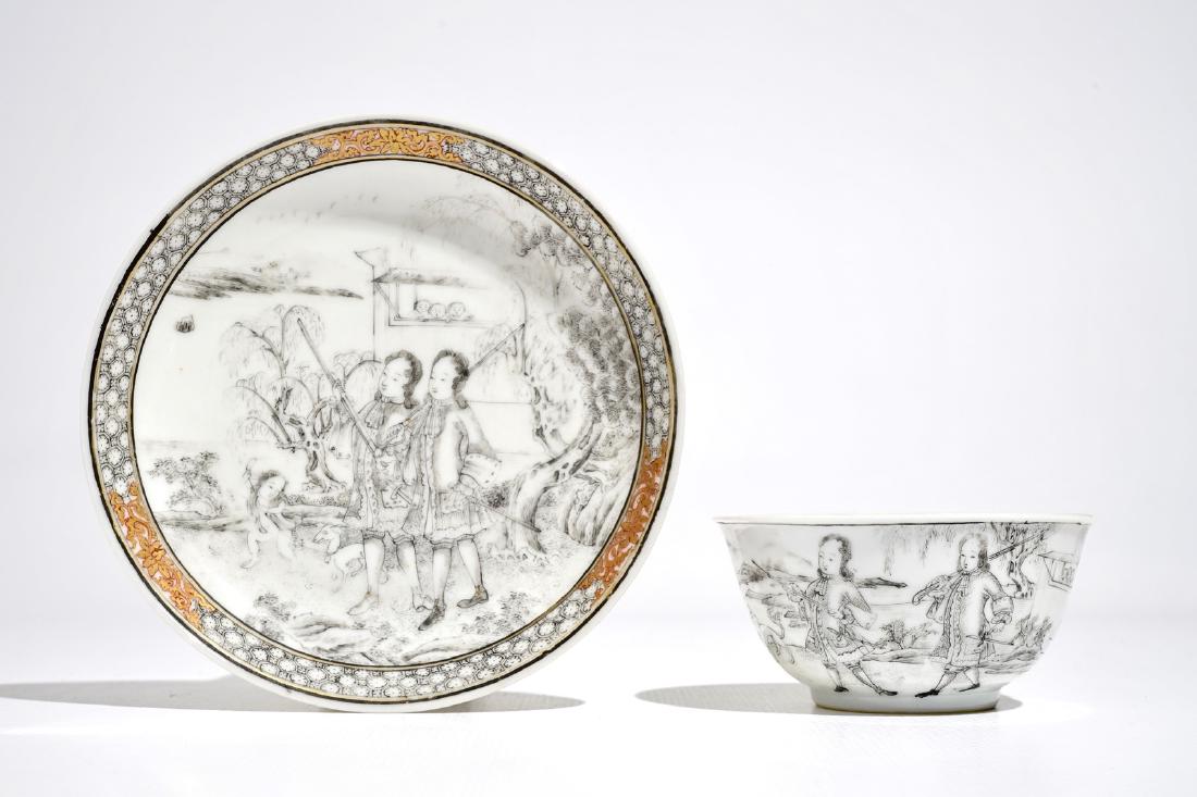 A Chinese grisaille cup and saucer with Europeans, (1 of 9)