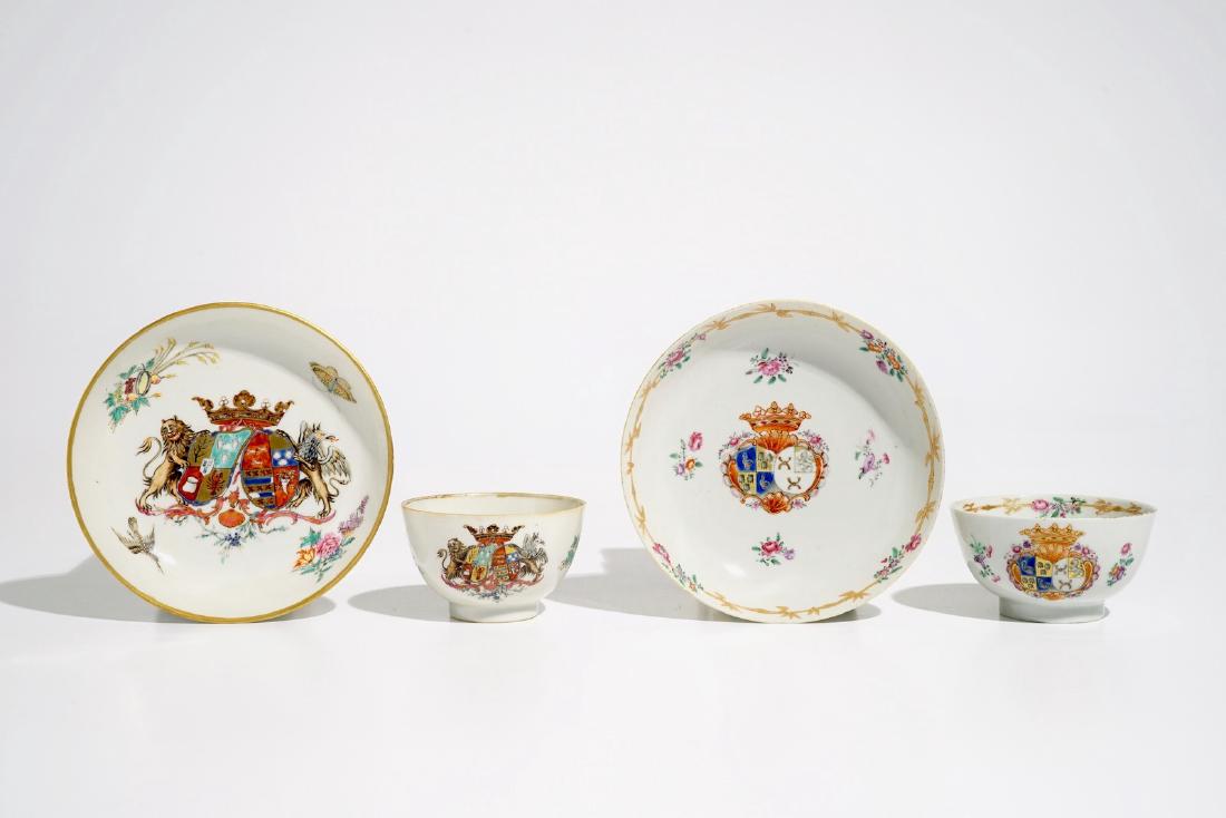 Two Chinese famille rose Dutch market armorial cups and: Two Chinese famille rose Dutch market armorial cups and saucers, Qianlong H.: 4,5 cm - Dia.: 9 cm (cup)Dia.: 14 cm (saucer)