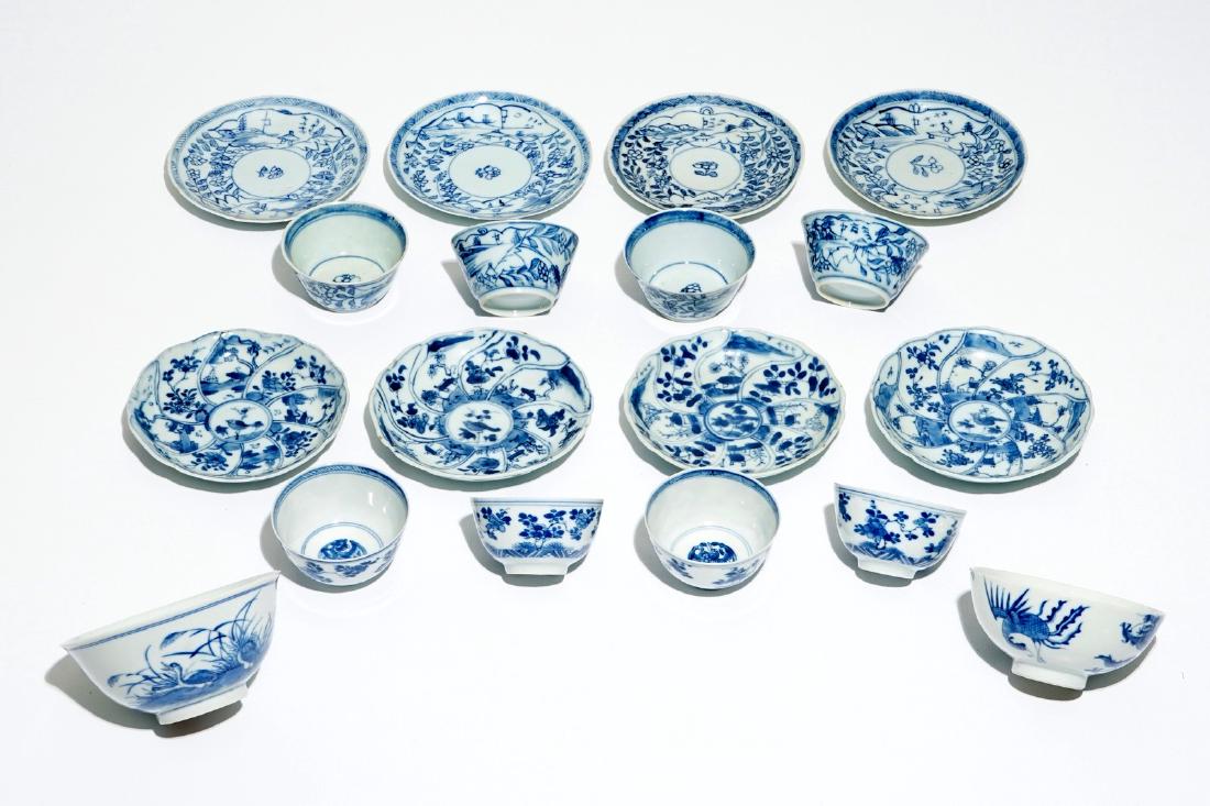Eight Chinese blue and white cups and saucers and two: Eight Chinese blue and white cups and saucers and two bowls, Kangxi and later H.: 4,5 cm - Dia.: 11 cm (the largest bowl) Dia.: 11,5 cm (the saucer)
