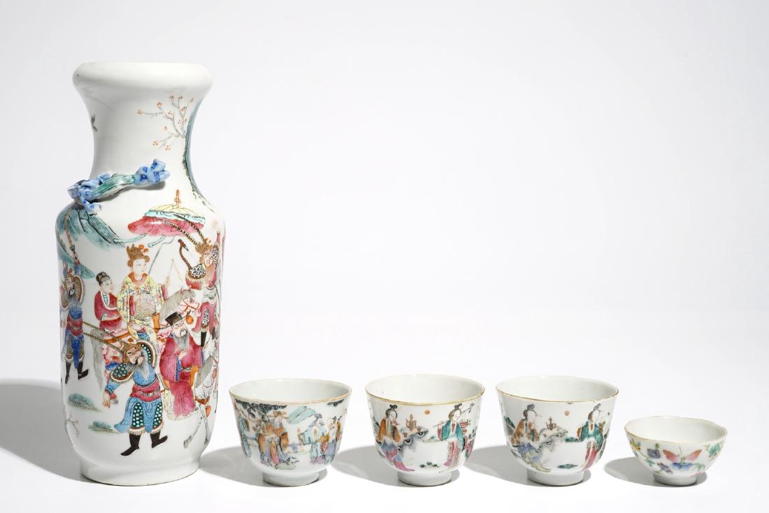 A Chinese famille rose vase and four cups, 19th C. (1 of 13)