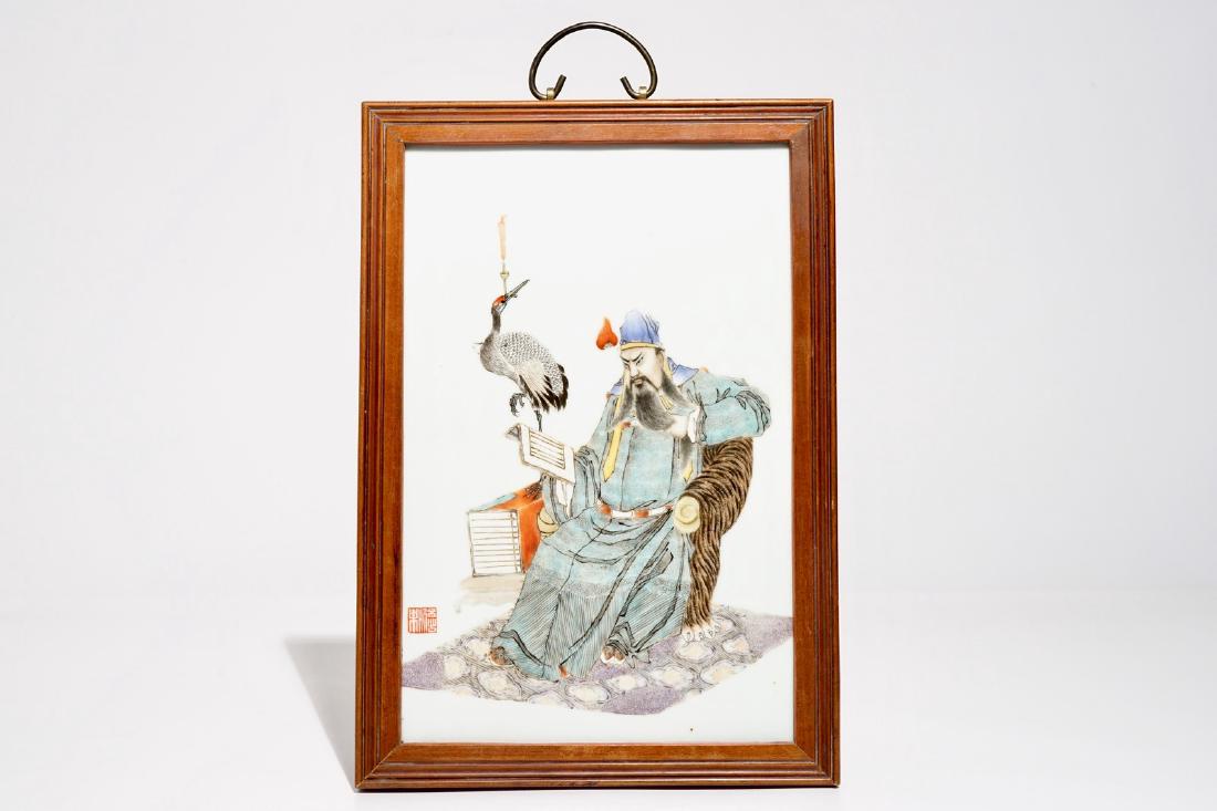 A Chinese qianjiang cai plaque depicting Guan Yu,: A Chinese qianjiang cai plaque depicting Guan Yu, 19/20th C. Dim.: 43 x 30 cm