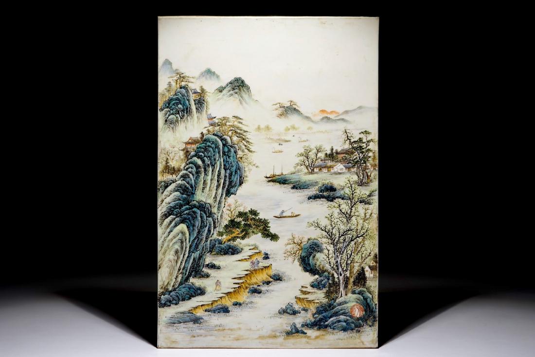 A large Chinese qianjiang cai plaque, 20th C. (1 of 2)