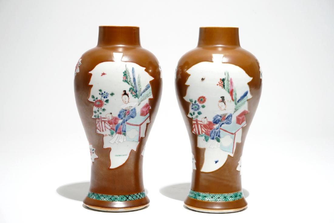A pair of Chinese Batavian ware famille rose vases, (1 of 6)