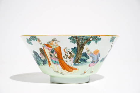 A Chinese famille rose bowl with Europeans, Qianlong: A Chinese famille rose bowl with Europeans, Qianlong mark and of the period H.: 9 cm - Dia.: 20 cm