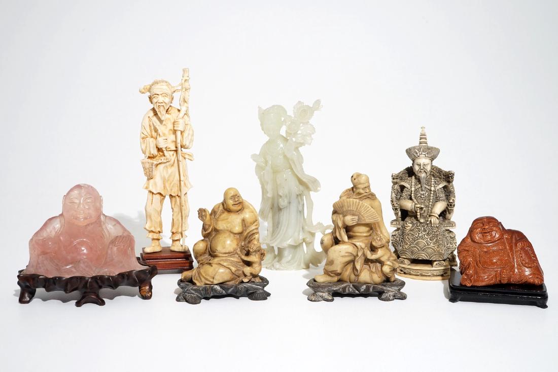 Seven Chinese carved   and hardstone figures in quartz, (1 of 6)