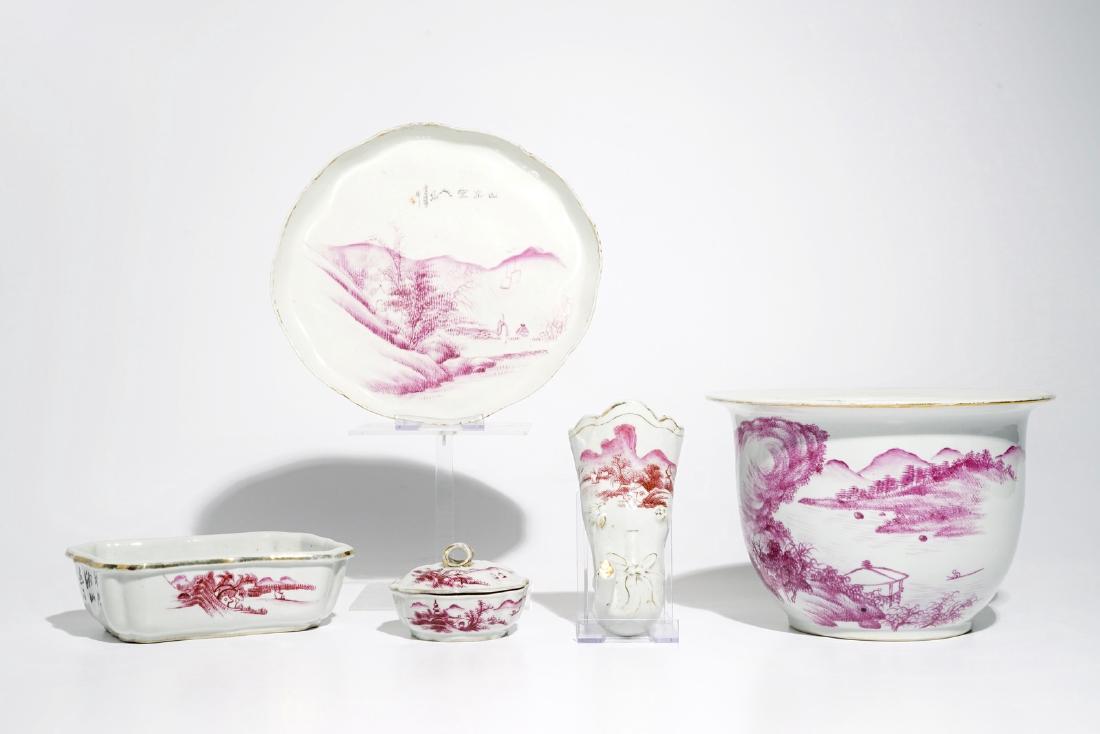 Five Chinese fuchsia-decorated pieces from a larger (1 of 9)