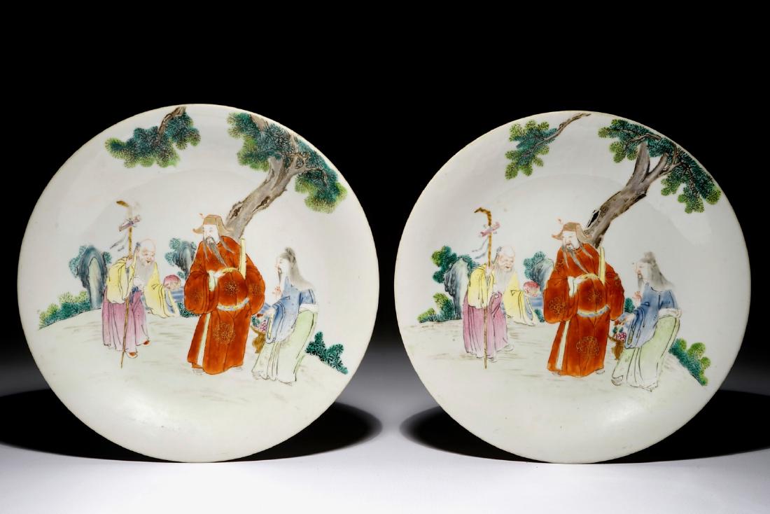 A pair of Chinese famille rose dishes with immortals, (1 of 2)
