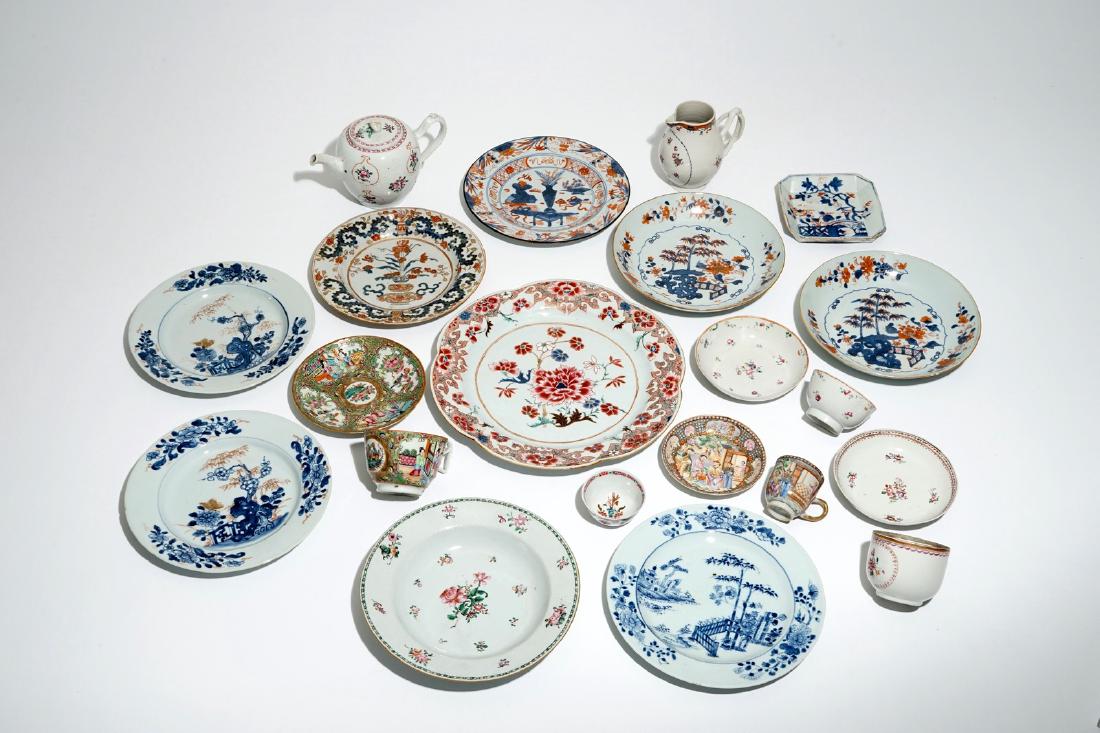 A collection of Chinese blue and white, famille rose: A collection of Chinese blue and white, famille rose and Imari style porcelain, 18th C. Dia.: 31 cm (the large plate)