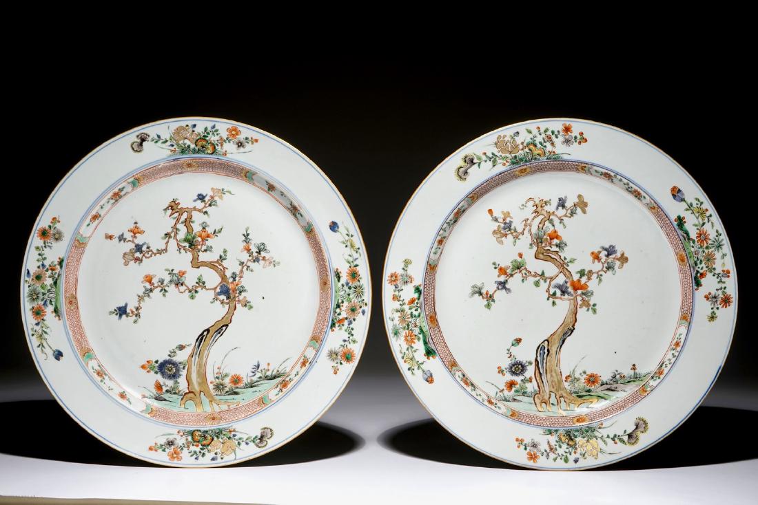 A pair of large Chinese famille verte floral chargers,: A pair of large Chinese famille verte floral chargers, Kangxi Dia.: 39 cm
