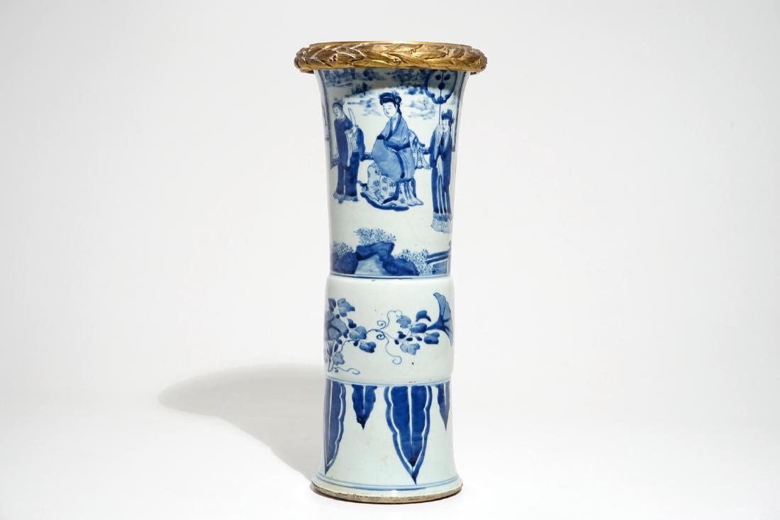 A Chinese blue and white bronze-mounted gu vase, Kangxi (1 of 7)