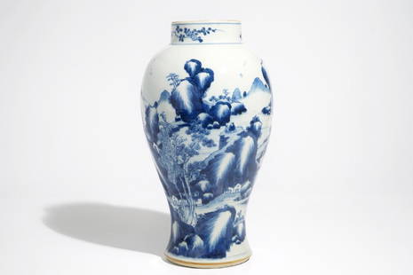 A Chinese blue and white baluster vase with landscape: A Chinese blue and white baluster vase with landscape design, Kangxi H.: 38 cm