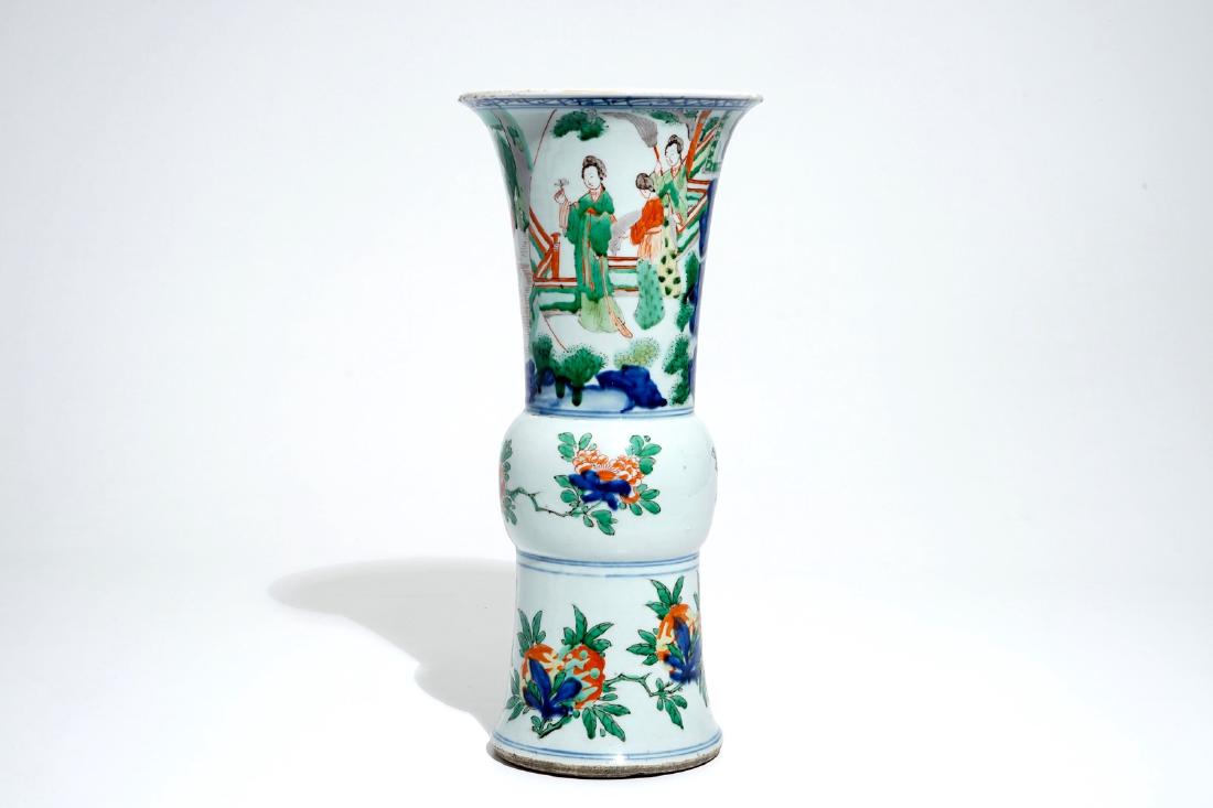 A Chinese wucai gu vase with figures, Shunzhi, (1 of 6)