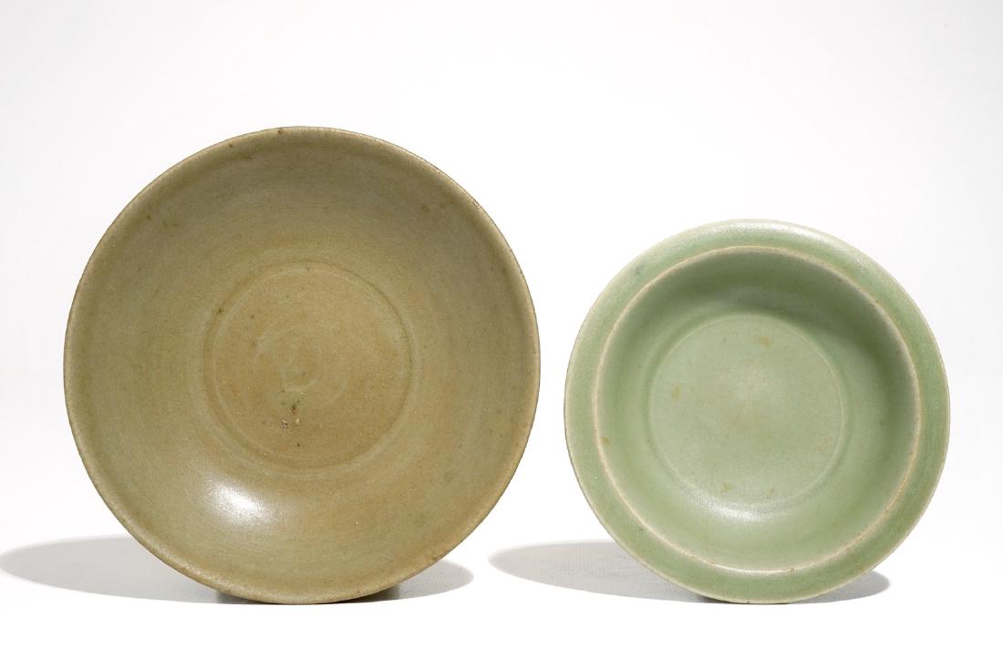 Two Chinese Longquan celadon plates with lotus design, (1 of 3)