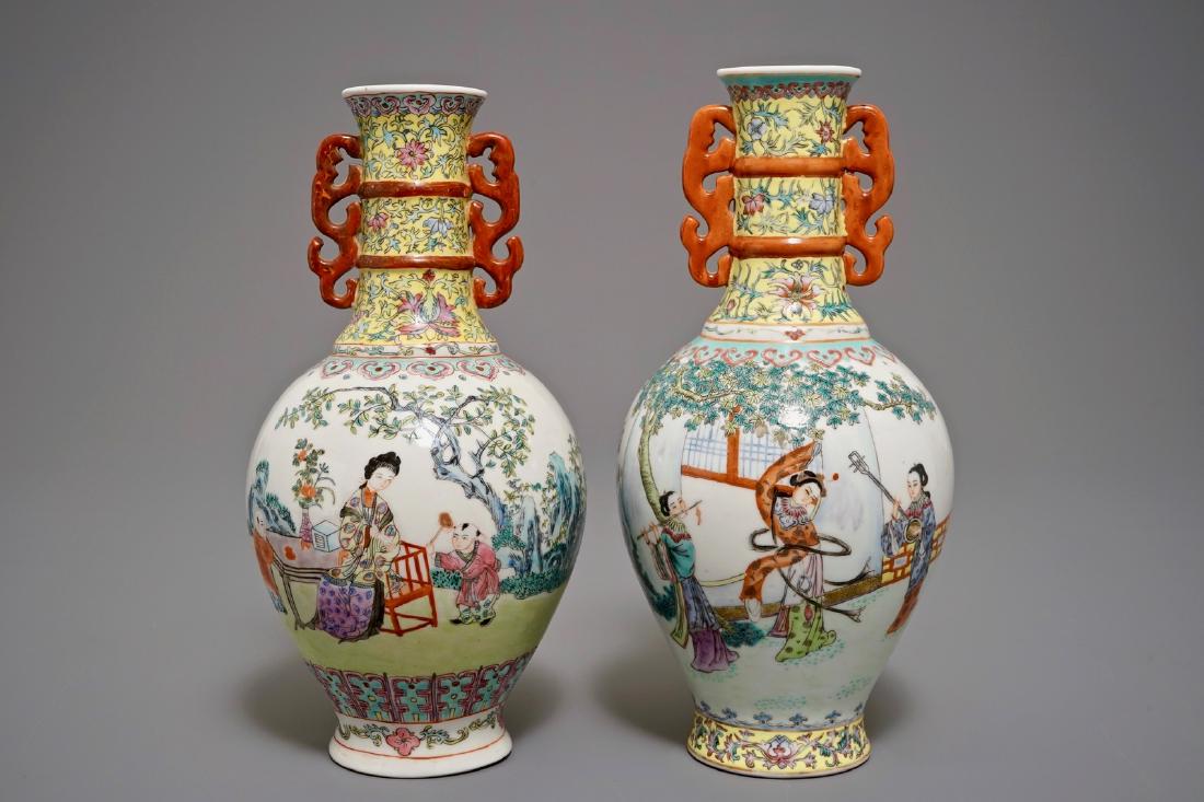 Two Chinese famille rose bottle vases, Qianlong mark,: Two Chinese famille rose bottle vases, Qianlong mark, 20th C. H.: 30,5 cm (the tallest) We have more lots available exclusively on our website www.rm-auctions.com! Condition reports and high resolutio